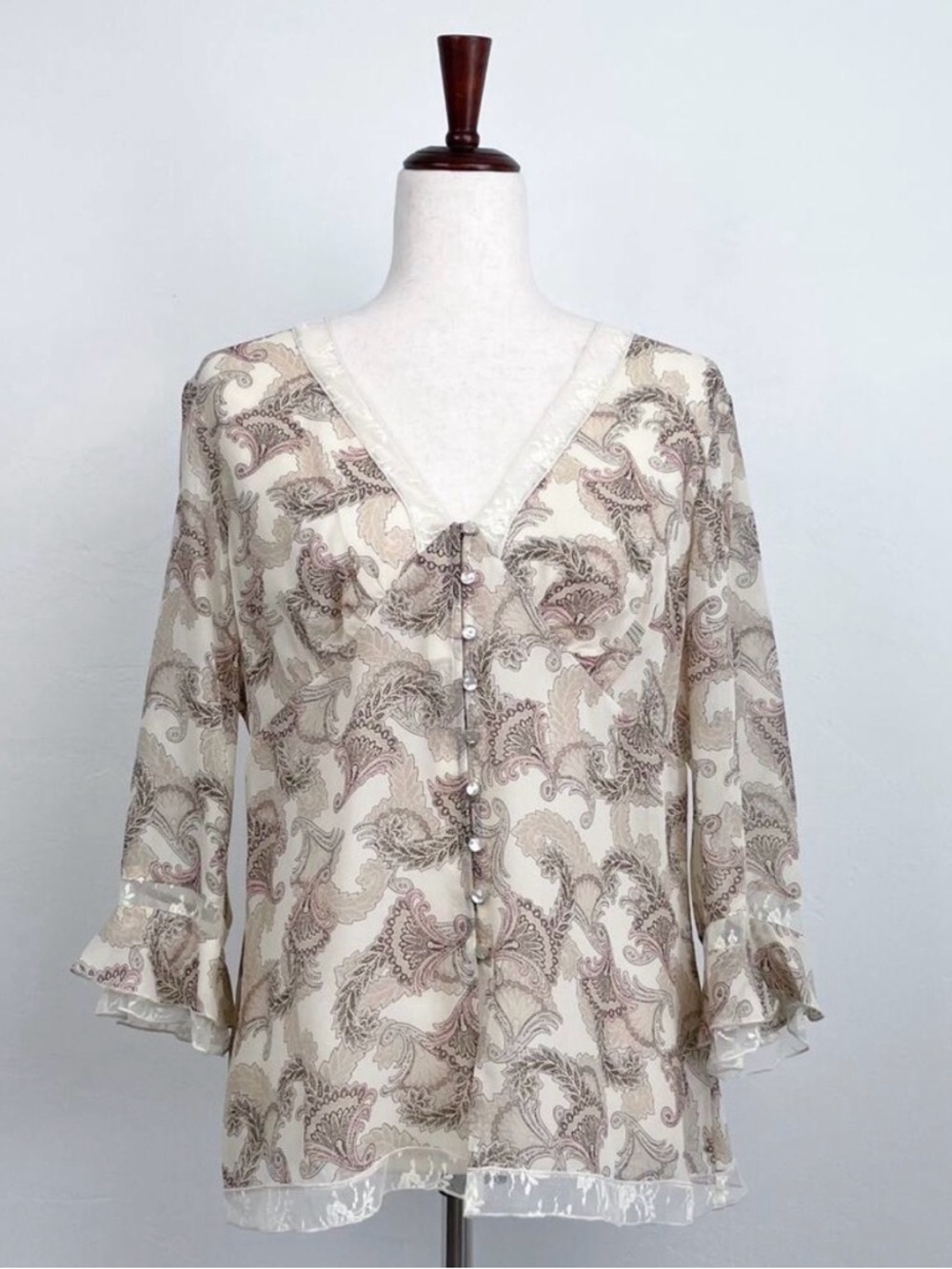 Y2K The Limited 100% Silk Paisley Sheer Bohemian Lace Trim V-Neck Blouse NWT